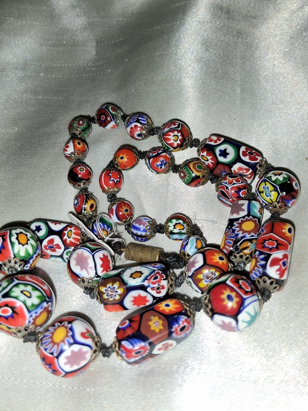 Vtg Handknotted Multicolor Millefiori Glass Bead Necklace - Picture 2 of 11